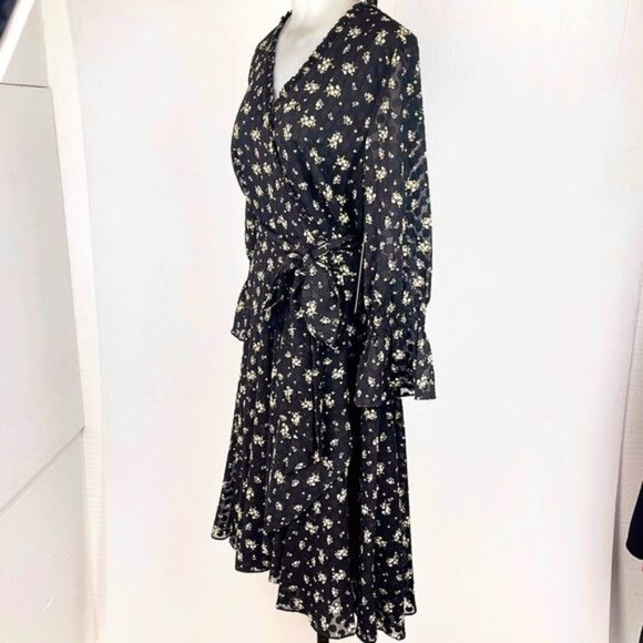 TAHARI Floral Long Sleeve Dot Chiffon Ruffle Faux Wrap Dress 12 - Picture 3 of 10